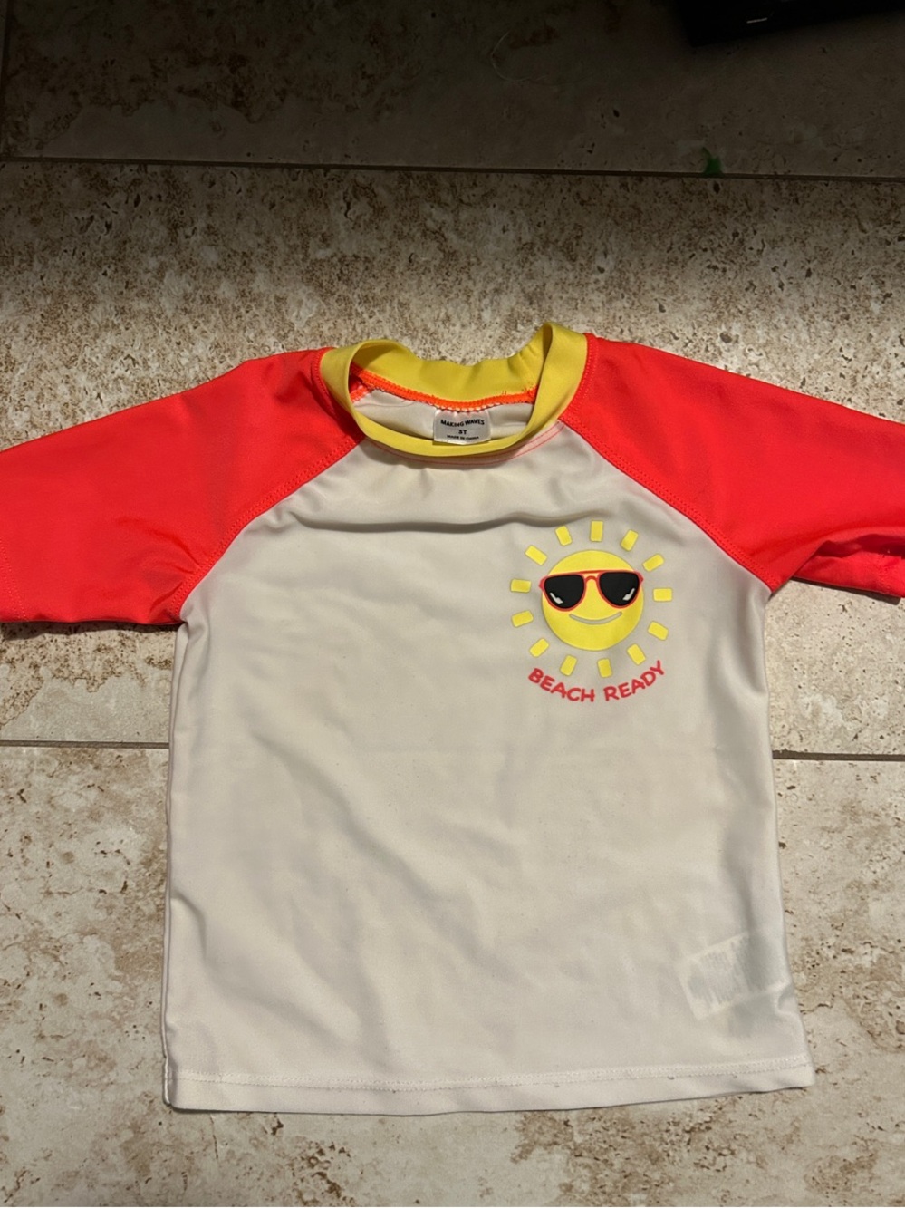 Kids 'Beach Ready' Short Sleeve Rash Guard Swim Shirt - White with Red Sleeves